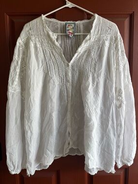 Johnny Was Embroidered White Peasant Blouse - Boho Button Front Top